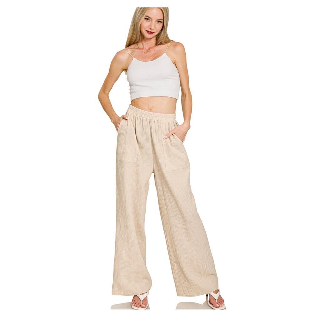 Wide Leg Cream Pull-On Pants for Women - Picture 1 of 3
